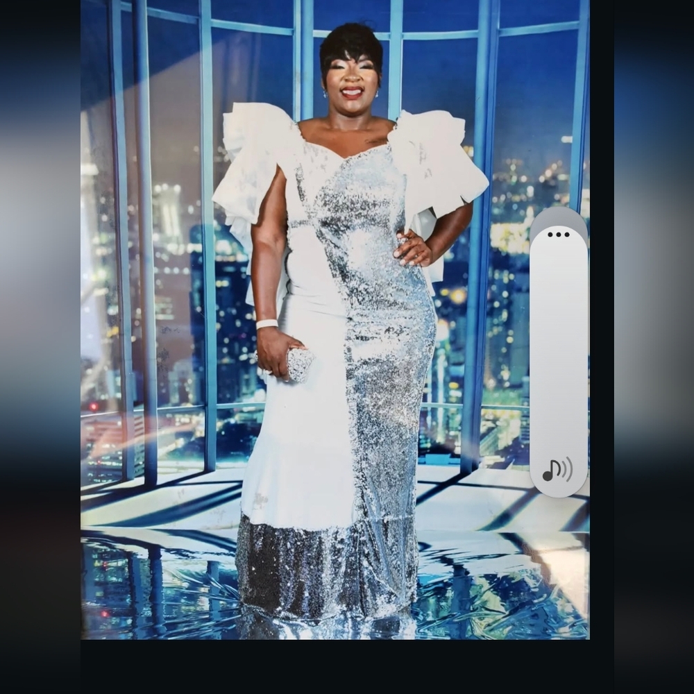 Elegant Silver and White Evening Gown
